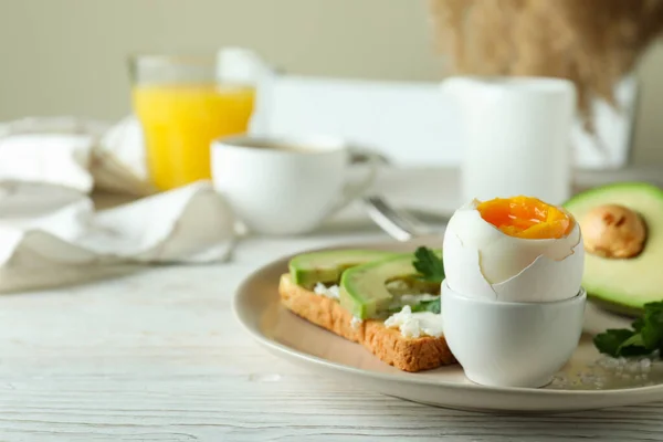 Haşlanmış Yumurtalı Lezzetli Kahvaltı Kavramı Yazı Için Yer — Stok fotoğraf