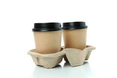 Cup holder with paper cups, isolated on white background