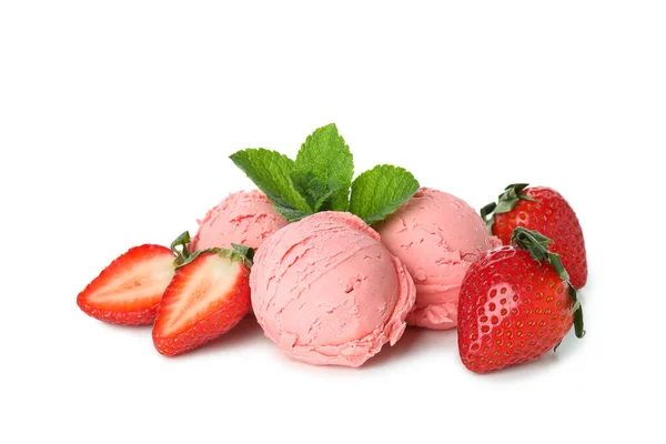 Μπάλες Παγωτού Φράουλας Απομονωμένες Λευκό Φόντο — Φωτογραφία Αρχείου