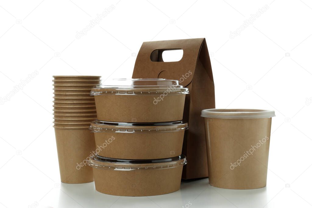 Disposable tableware for delivery isolated on white background