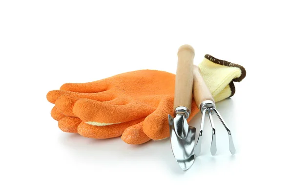 Γάντια Και Εργαλεία Κηπουρικής Απομονωμένα Λευκό Φόντο — Φωτογραφία Αρχείου