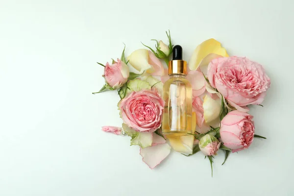 Ätherisches Rosenöl Und Rosen Auf Weißem Hintergrund — Stockfoto