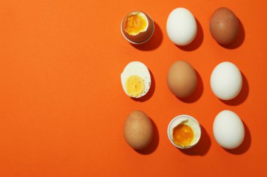 Turuncu arka planda kaynamış yumurta, metin için boşluk.