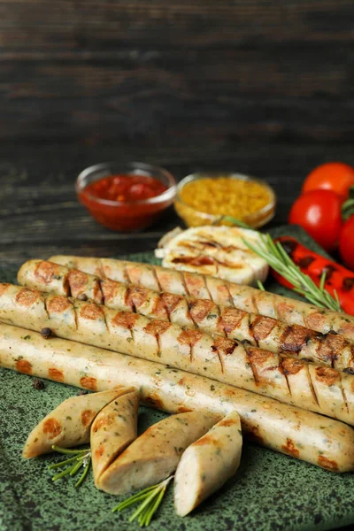 Concept Tasty Food Grilled Sausage Wooden Table — Stock Photo, Image