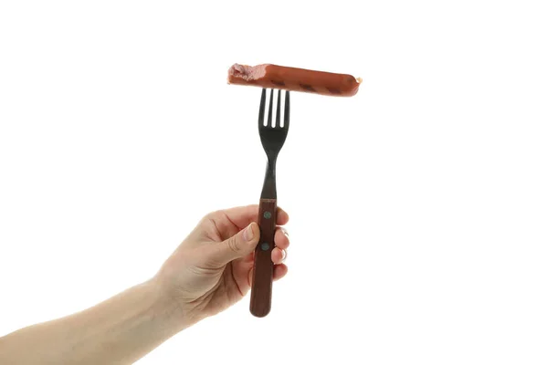 Weibliche Handgabel Mit Grillwurst Isoliert Auf Weißem Hintergrund — Stockfoto