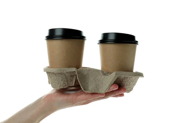Female Hand Hold Cup Holder Coffee Cups Isolated White Background — Stok fotoğraf