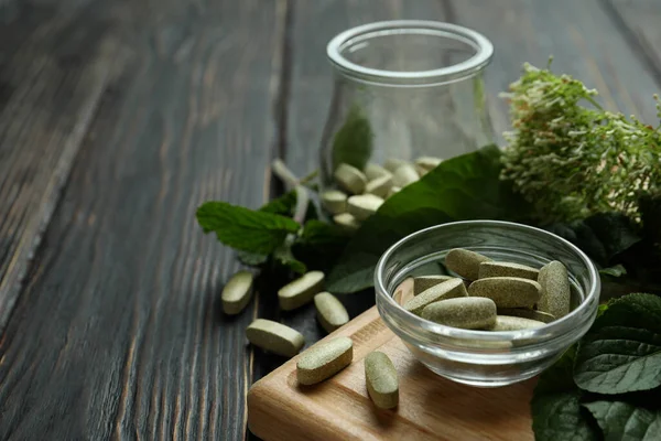 Concept Herbal Medicine Pills Wooden Table Space Text — Stock Photo, Image