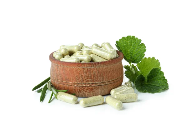 Bowl Herbal Powder Capsules Isolated White Background — Stock Photo, Image