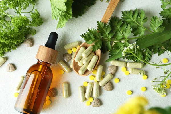 Concept Herbal Medicine Pills White Textured Table Top View — Stock Photo, Image