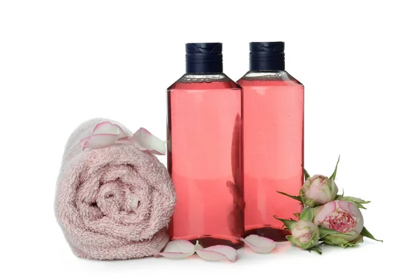 Shower Gels Towel Roses Isolated White Background — Stock Photo, Image