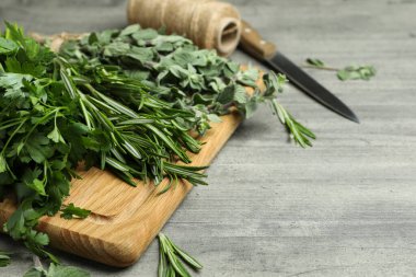 Gri dokulu masadaki taze bitkiler, metin için boşluk