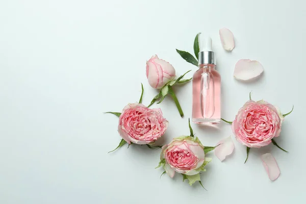 Hautpflegekonzept Mit Ätherischem Rosenöl Und Rosen Auf Weißem Hintergrund — Stockfoto