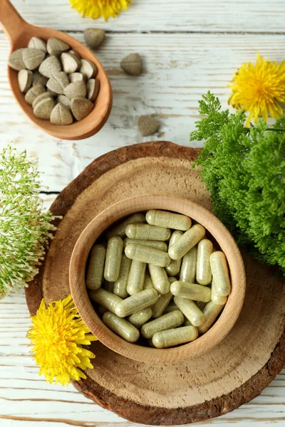 Concept Herbal Medicine Pills White Wooden Table Top View — Stock Photo, Image