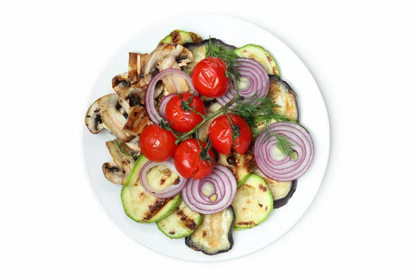Assiette Avec Légumes Grillés Isolés Sur Fond Blanc — Photo