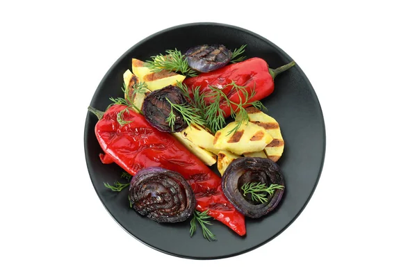 Assiette Avec Légumes Grillés Isolés Sur Fond Blanc — Photo