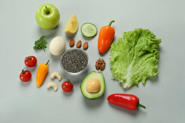 Concepto Nutrición Saludable Sobre Fondo Gris Claro — Foto de Stock