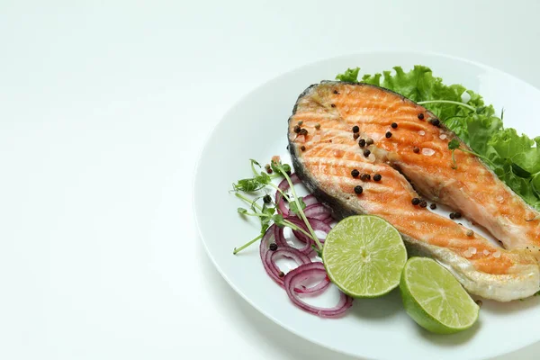 Concept Tasty Eating Grilled Salmon White Background — Stock Photo, Image