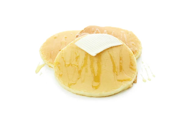 Leckere Pfannkuchen Mit Honig Und Butter Isoliert Auf Weißem Hintergrund — Stockfoto