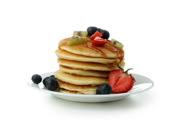 Teller Mit Leckeren Pfannkuchen Isoliert Auf Weißem Hintergrund — Stockfoto