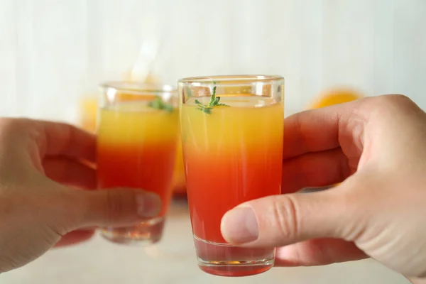 Female Hands Cheers Tequila Sunrise Close — Stock Photo, Image