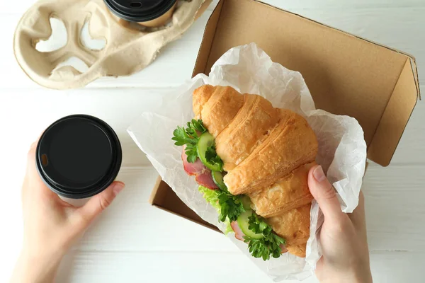 Concept Tasty Eating Croissant Sandwich Top View — Stock Photo, Image