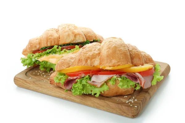 Board Mit Croissant Sandwiches Isoliert Auf Weißem Hintergrund — Stockfoto
