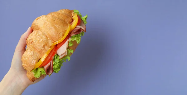 Weibliche Hand Hält Croissant Sandwich Auf Violettem Hintergrund — Stockfoto