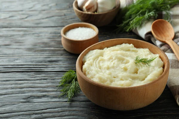 Concept Tasty Eating Mashed Potatoes Wooden Table — Stockfoto