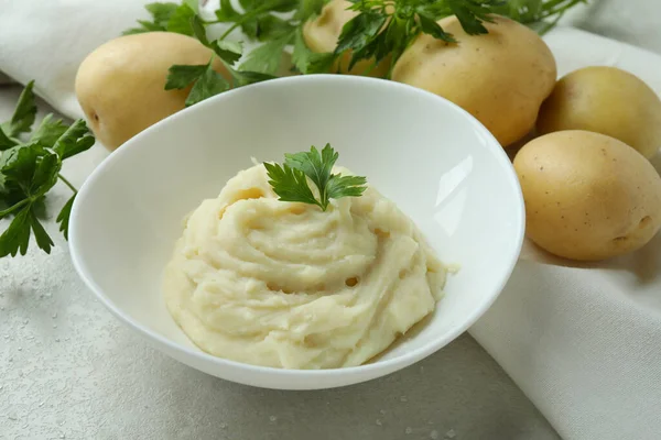 Concepto Sabroso Comer Con Puré Papas Mesa Textura Blanca — Foto de Stock