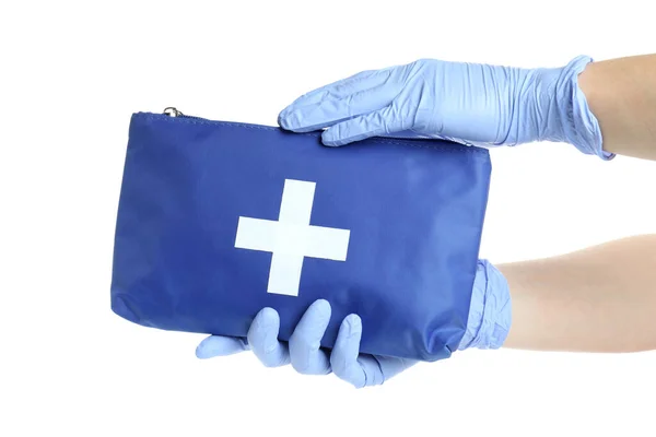 Vrouwelijke Handen Handschoenen Houden Eerste Hulp Medische Kit Geïsoleerd Witte — Stockfoto