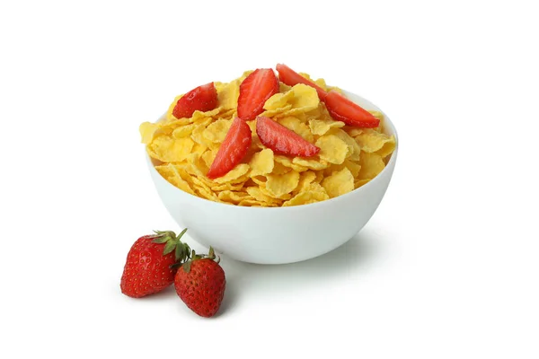 Plate Corn Flakes Strawberry Isolated White Background — Stock Photo, Image