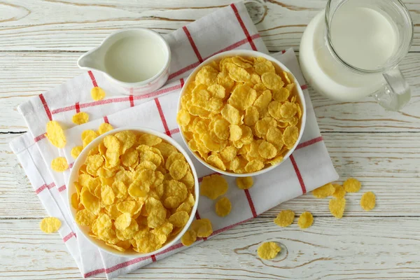 Concept Tasty Breakfast Cornflakes White Wooden Table — Stock Photo, Image