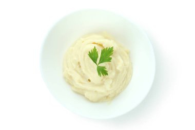Beyaz arka planda izole edilmiş patates püresi.