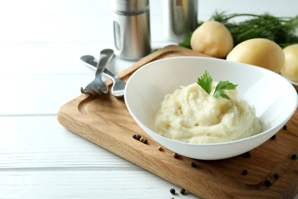 Concept Tasty Eating Mashed Potatoes White Wooden Table — Stock Photo, Image