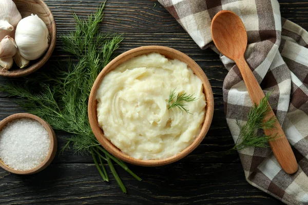 Conceito Saboroso Comer Com Purê Batatas Mesa Madeira — Fotografia de Stock