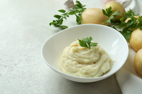 Concept Tasty Eating Mashed Potatoes White Textured Table — Stockfoto