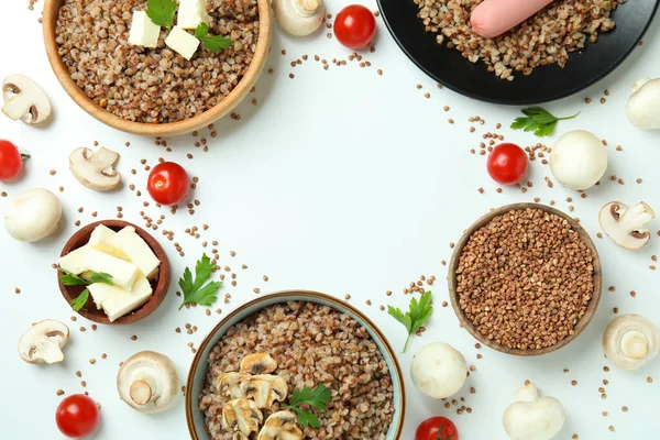 Concetto Mangiare Gustoso Con Grano Saraceno Sfondo Bianco — Foto Stock