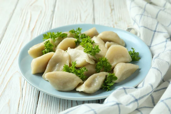 Concept Nourriture Savoureuse Avec Vareniki Pierogi Sur Table Bois — Photo