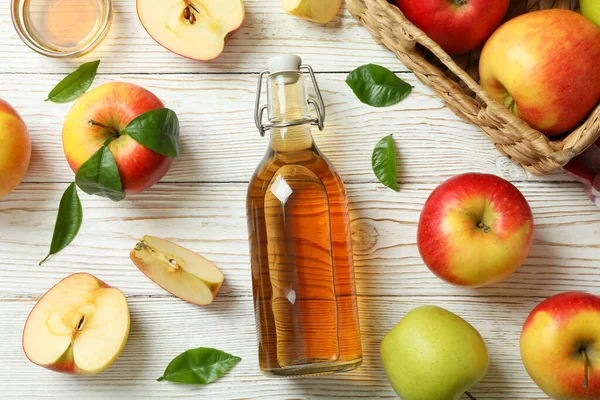 Homemade Apple Vinegar Ingredients White Wooden Table — Foto de Stock