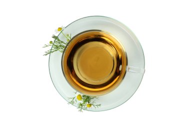 Beyaz arka planda izole edilmiş bir fincan papatya çayı