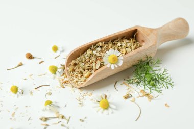 Beyaz arka planda kurumuş papatya çayı kepçesi