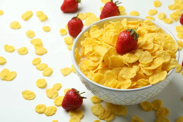 Concept Tasty Breakfast Cornflakes Strawberry White Background — Stock Photo, Image