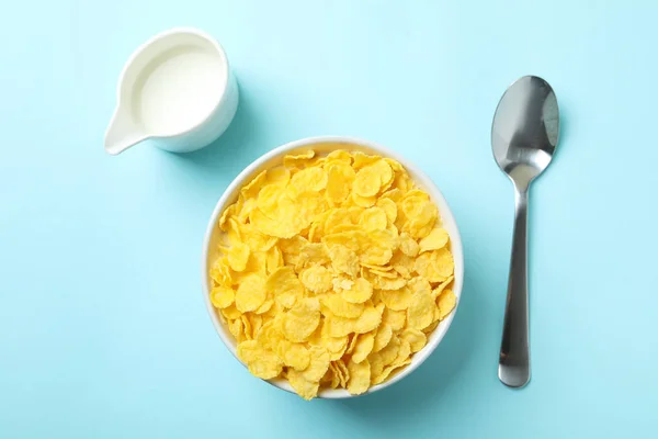 Concept Tasty Breakfast Cornflakes Blue Background — Stock Photo, Image