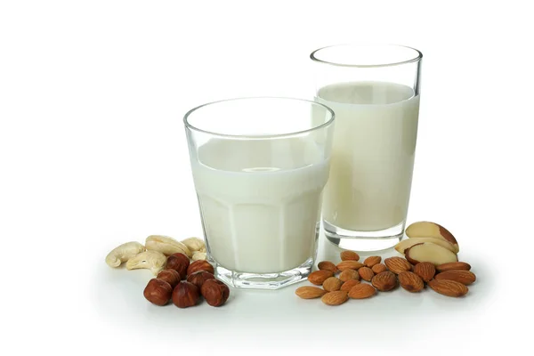 Glasses Milk Nuts Isolated White Background — Stock Photo, Image