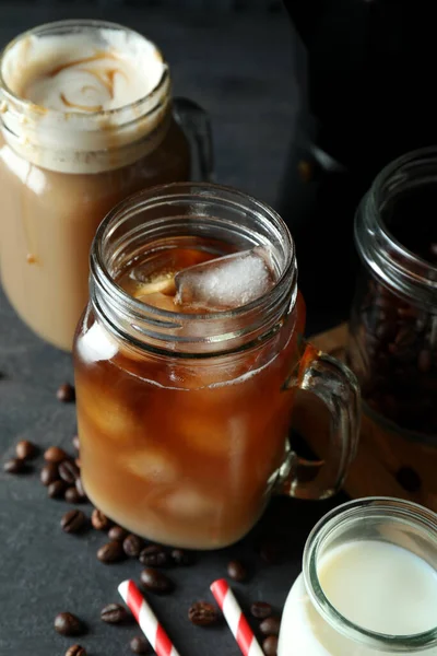 Concept Delicious Drink Ice Coffee Dark Wooden Table — Stock Photo, Image