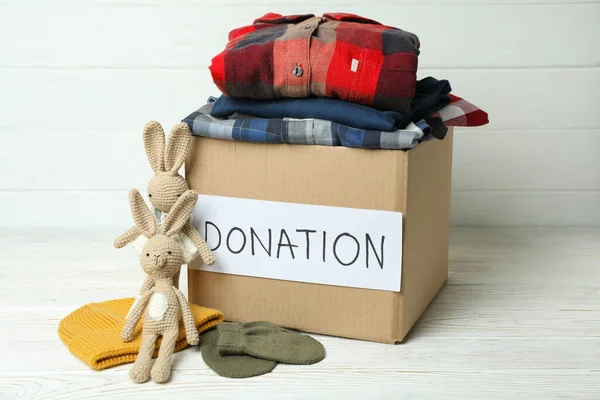 Concept Donate Donation Box White Wooden Table — Stock Photo, Image