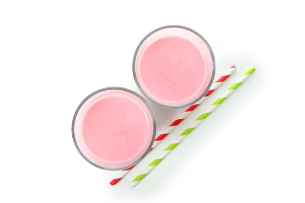 Glasses Strawberry Milkshake Straws Isolated White Background — Stock Photo, Image