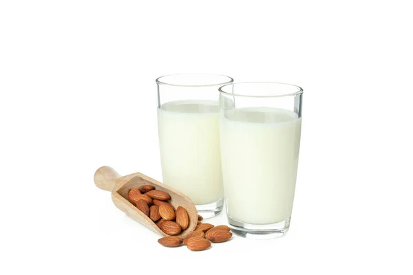 Glasses Milk Nuts Isolated White Background — Stock Photo, Image