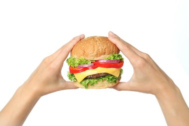 Beyaz arka planda izole edilmiş hamburgerli lezzetli yemek kavramı