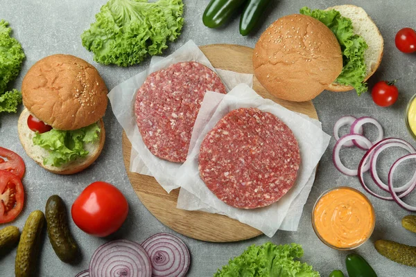 Concept Cooking Burger Gray Textured Table — Stock Photo, Image